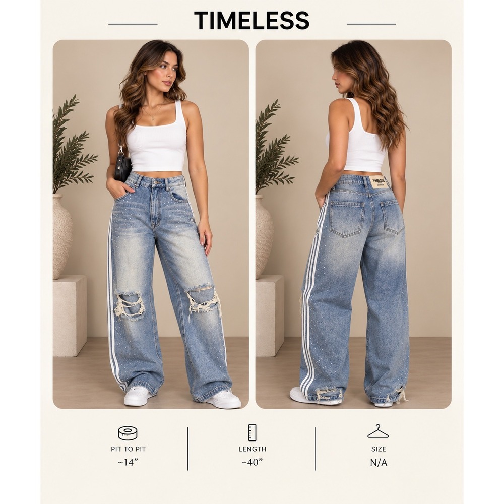 Timeless VVS Denim Rhinestone Distressed Wide Leg Jeans Light Wash Blue 28